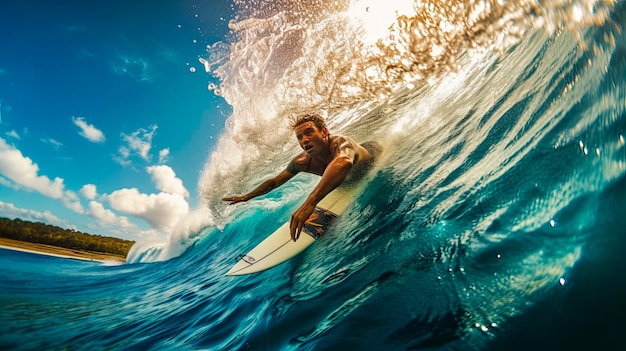 Surfer auf der Blue Ocean Wave Insel Bali Indonesien Generative KI
