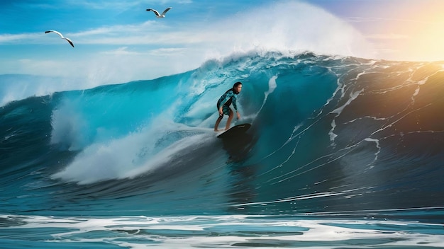 Surfer auf einer blauen Welle