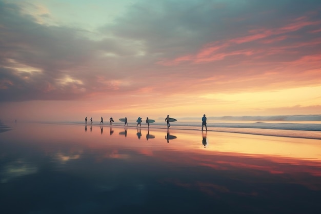 Surfer bei Sonnenaufgang mit erstaunlichen Wolkenreflexionen Generative Ai