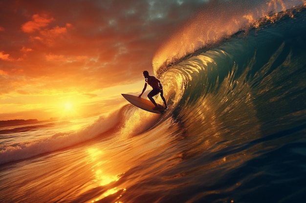 Surfer, der bei Sonnenaufgang eine Welle fängt, der Nervenkitzel von Generative ai