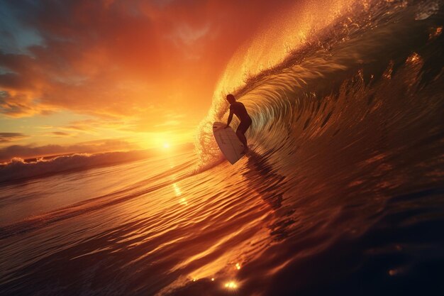 Surfer, der bei Sonnenaufgang eine Welle fängt, der Nervenkitzel von Generative ai