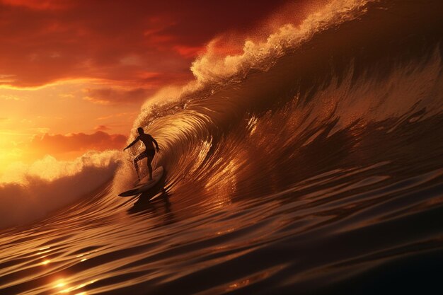 Surfer, der bei Sonnenuntergang auf einer Welle reitet, die Magie der Generativen Ai