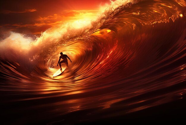 Surfer-Fahrten wellen in den Sonnenuntergang gegen die Wellen im Stil von dunkelorange und hellgold
