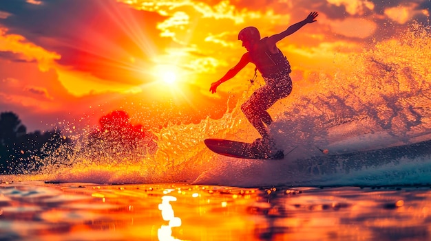 Surfer fangen Wellen bei Vibrant SunsetxA