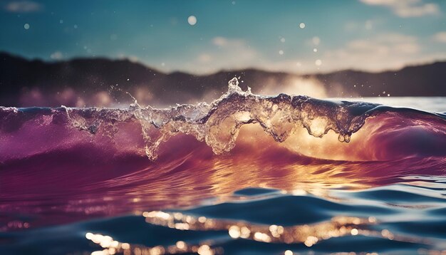 Foto surfer im ozean bei sonnenuntergang welle brechen aus der nähe