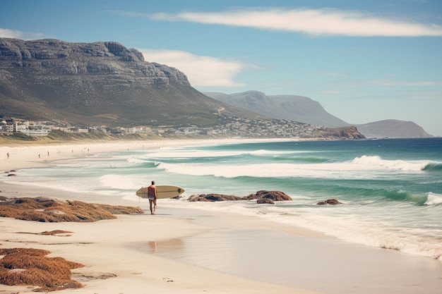 Surfer mit Surfbrett am Strand in Kapstadt Südafrika Surfer am Strand von Llandudno in Kapstadt Südafrika KI generiert