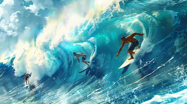 Surfer reiten auf den großen Wellen, der Ozean ist rau, aber die Surfer sind erfahren, sie haben viel Spaß, die Sonne scheint und der Himmel ist blau.