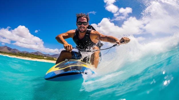 Surfer reitet an einem sonnigen Tag am Strand auf einer Welle