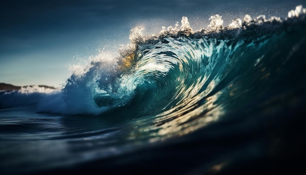 Surfer reitet in einem von KI generierten tropischen Paradies und planscht in Fässern