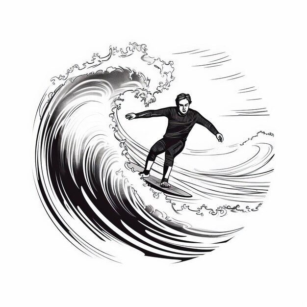 Foto surfer riding wave warmcore-stil einzellinienzeichnung