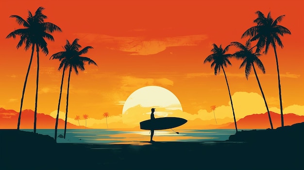 Surfer-Silhouette am Strand mit generativer KI im Sonnenuntergangsparadies im Vintage-Stil