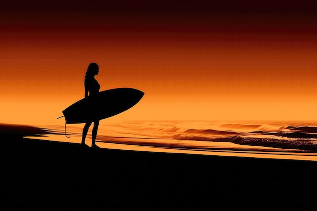 Foto surfer-silhouette mit surfbrett am strand. generative ki
