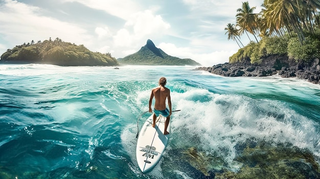 Surfer steht auf einem Surfbrett in einem tropischen Paradies mit Bergpalmen und herausfordernden Wellen, generative KI