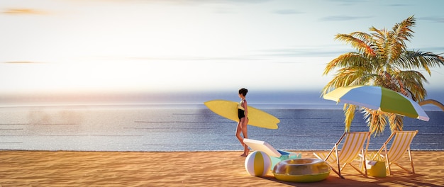 Surfermädchen zu Fuß mit Brett am Sandstrand Surfer femaleBeautiful junge Frau am Strand 3D-Darstellung rendern