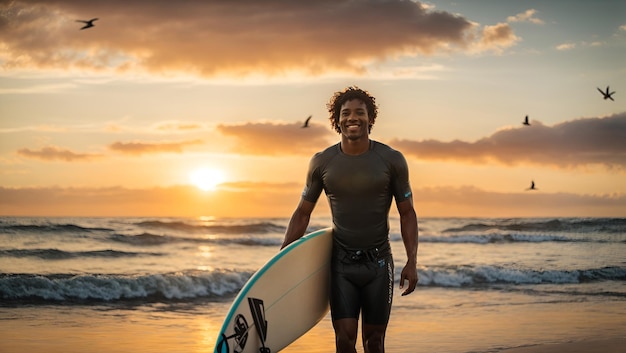 Surfista afro-americano nas praias de Olon, Equador