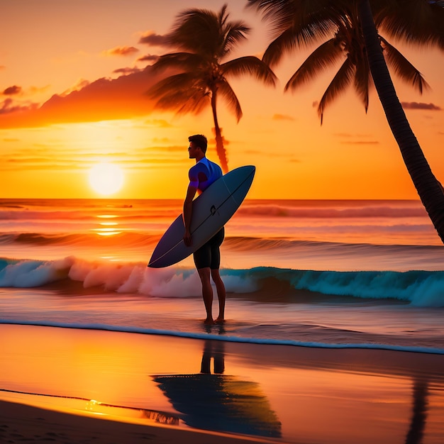 Surfista al atardecer en una playa prístina Silueta con tabla de surf en la costa del océano