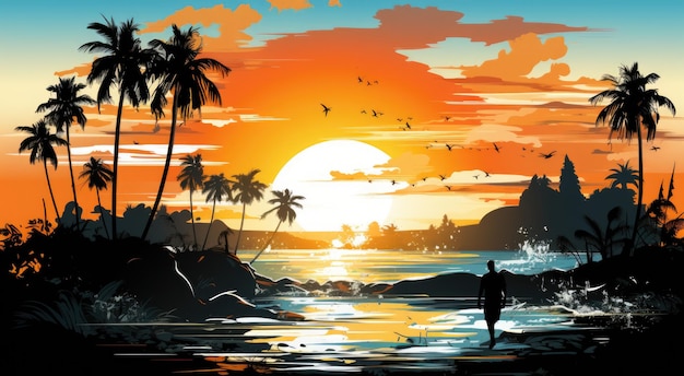 Surfista ao pôr do sol na praia com palmeiras ai