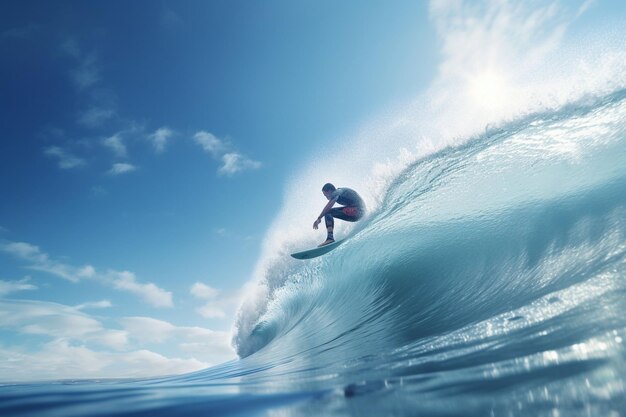 Surfista atrapando una ola bajo un cielo sin nubes