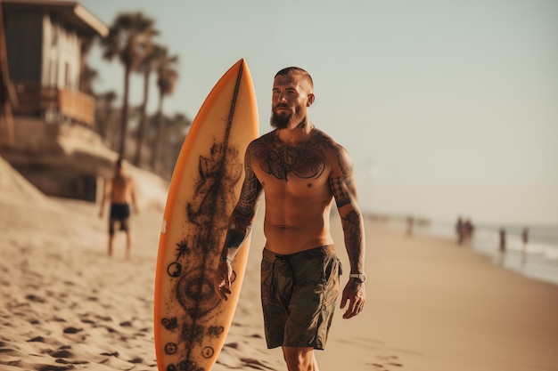 Surfista bonito com prancha de surf na praia de areia Esportes aquáticos Estilo de vida ativo saudável