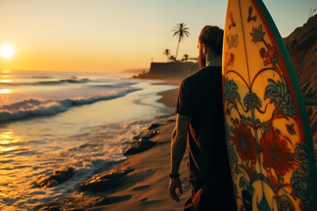 Surfista bonito com prancha de surf na praia de areia Esportes aquáticos Estilo de vida ativo saudável