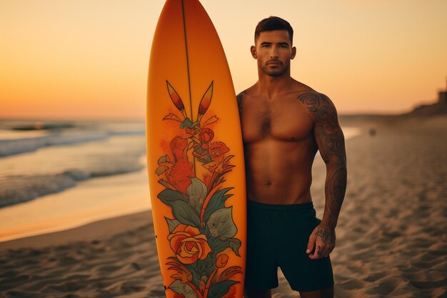 Surfista bonito com prancha de surf na praia de areia Esportes aquáticos Estilo de vida ativo saudável