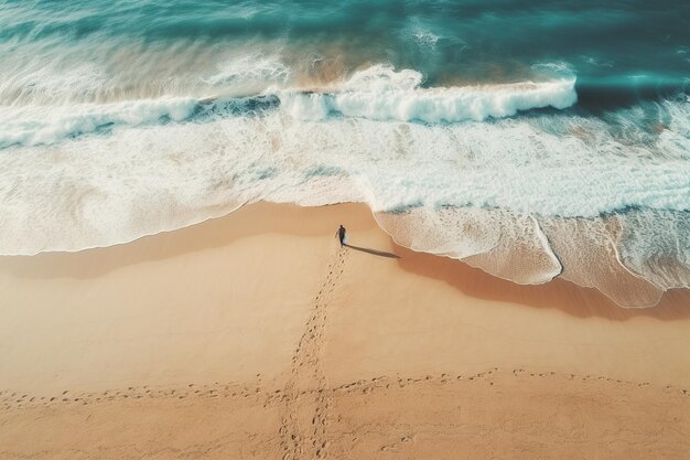 Surfista caminando por la playa de arena con el océano azul y las olas vista aérea