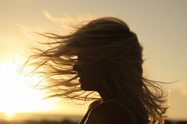 Surfista com o cabelo varrido pelo vento contra o sol a pôr