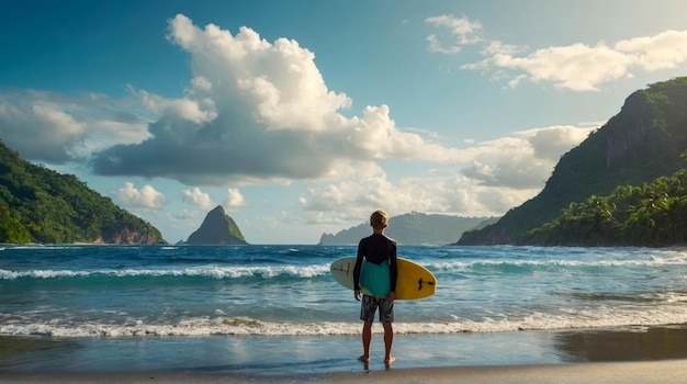 Surfista com prancha de surf na praia nos trópicos