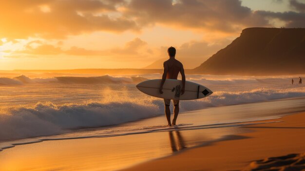 Foto surfista com sua prancha de surf na praia ao pôr do sol