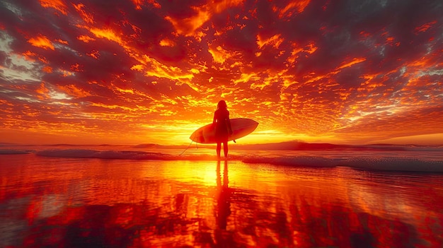 Surfista com uma prancha de surf ao pôr do sol na praia