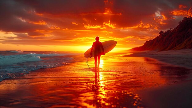 Surfista com uma prancha de surf ao pôr do sol na praia