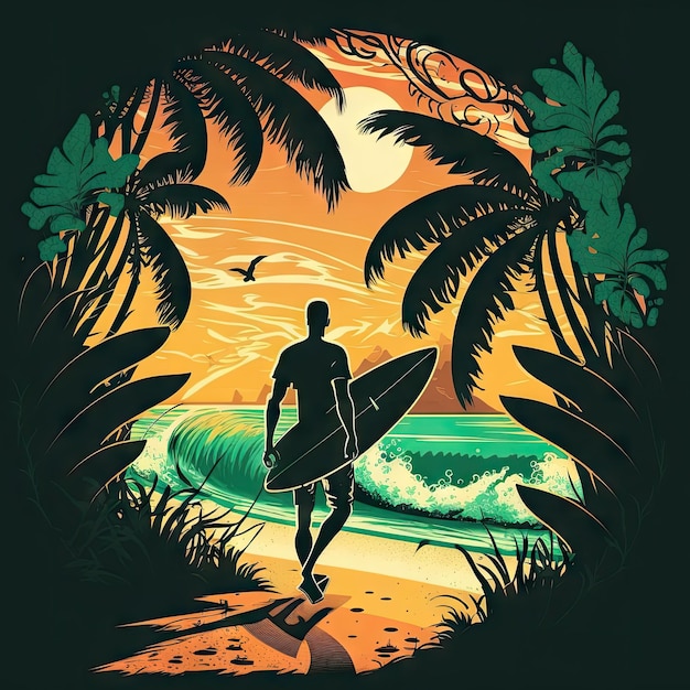 Surfista em praia de verão tropical nascer do sol no pôr-do-sol ensolarado na selva homem surfista no mar paisagem ensolarada ai gerado ilustração prancha de surf em praia tropical de areia areia na baía