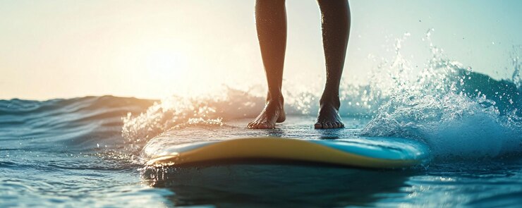 El surfista está equilibrado en una tabla de surf en el océano al atardecer