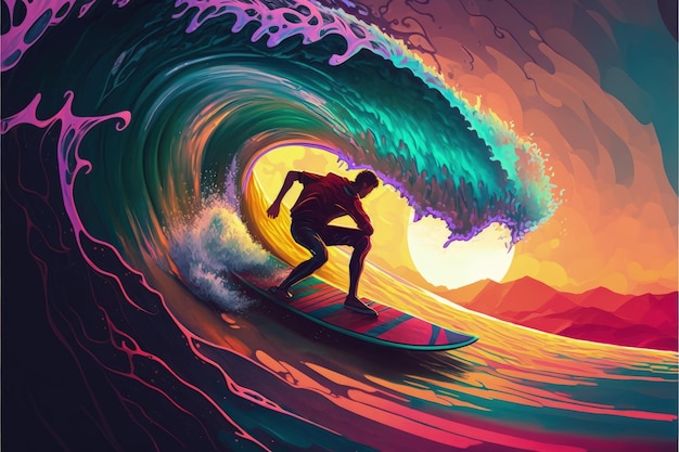 Foto surfista extremo montando olas coloridas del océano concepto de fantasía pintura de ilustración ia generativa