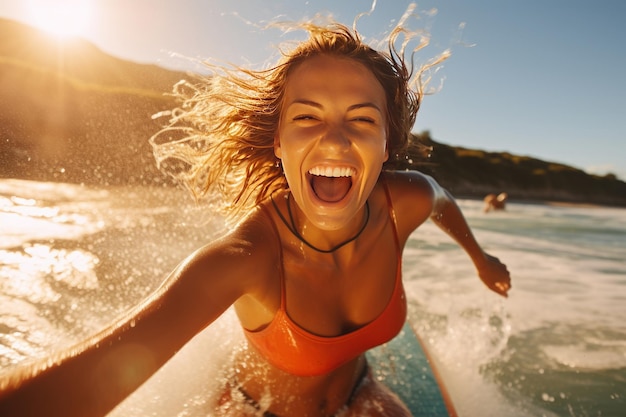 Surfista femenina aventurera divirtiéndose en la playa en verano