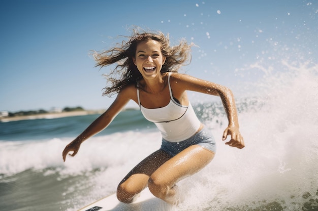 Surfista femenina aventurera divirtiéndose en la playa en verano