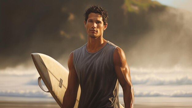 Foto surfista jovem segurando uma prancha de surf na praia imagem gerada por ia