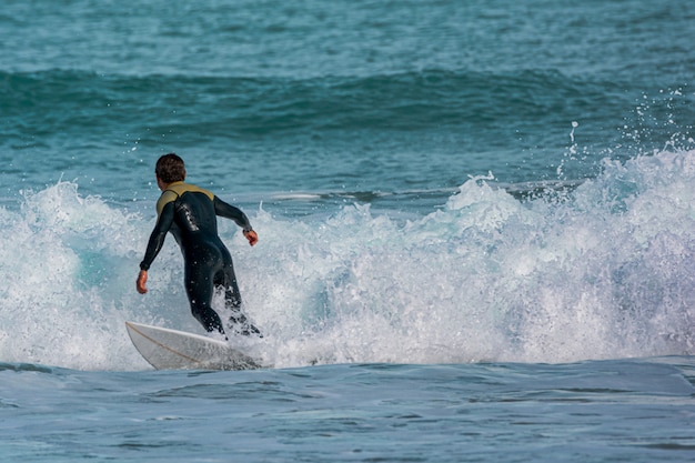 Surfista en el mar con tabla y espalda