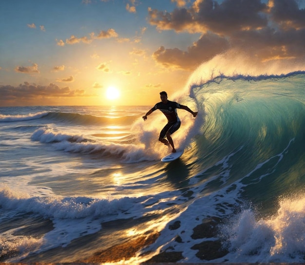 un surfista masculino atrapa olas en el mar al atardecer en la playa de un lugar idílico