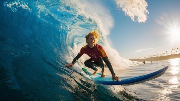 Surfista masculino em uma onda azul em um dia ensolarado