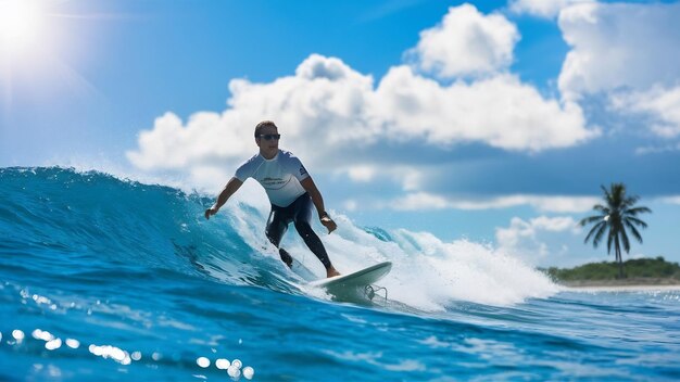 Surfista masculino em uma onda azul em um dia ensolarado