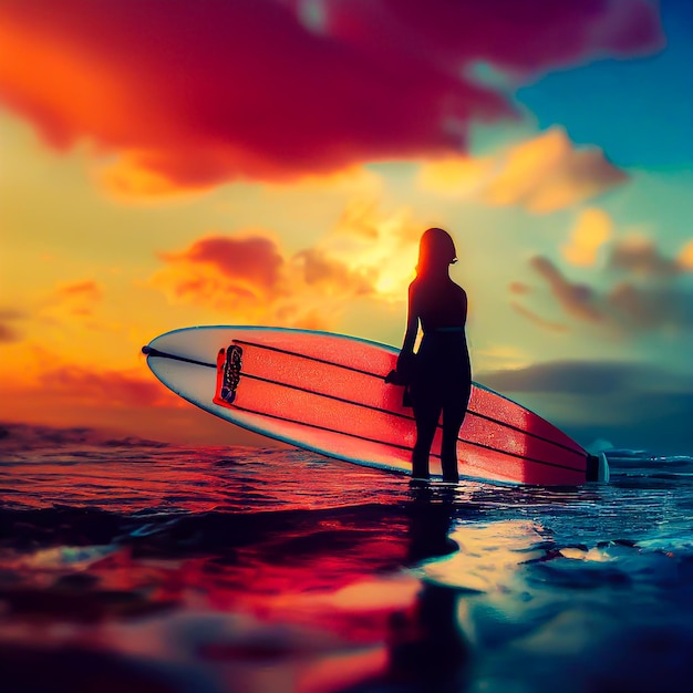 Surfista mirando el mar sosteniendo tablas de surf al estilo de la silueta. Puesta de sol y amanecer de la playa del mar.