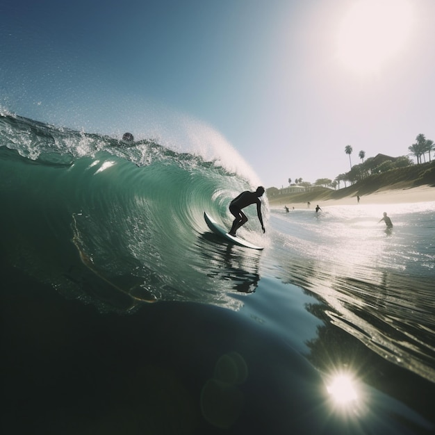 Un surfista monta una ola bajo un cielo azul claro.