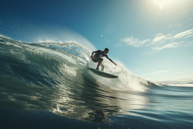 Un surfista monta una ola en un día soleado.