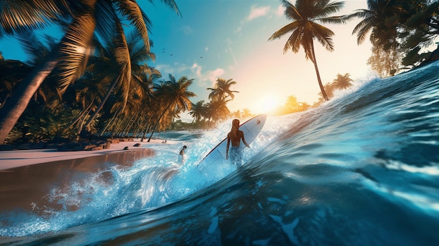 Un surfista monta una ola frente a una puesta de sol tropical.