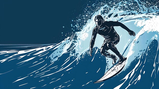 Foto el surfista monta la ola el hombre está en el océano surfando en una tabla de surf la ola es grande y el hombre es pequeño pero la está montando con habilidad