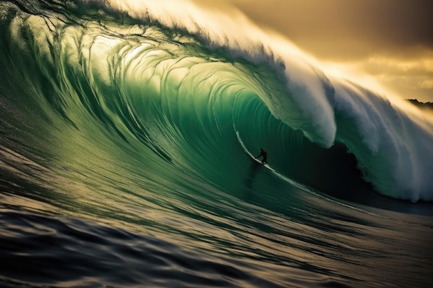 Un surfista monta una ola con una puesta de sol detrás de él.