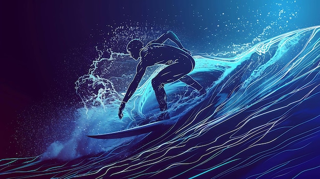 El surfista monta la ola la tabla de surf está rodeada de salpicaduras de agua el fondo es azul oscuro el surfista está en silueta