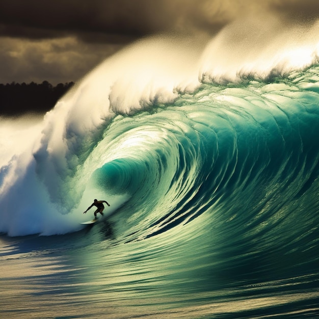 Foto surfista montando una gran ola en el océano en un día nublado generativo ai