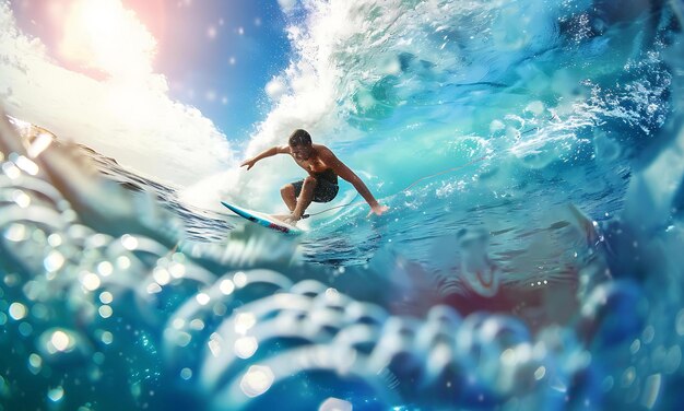 Un surfista montando en el mar turquesa